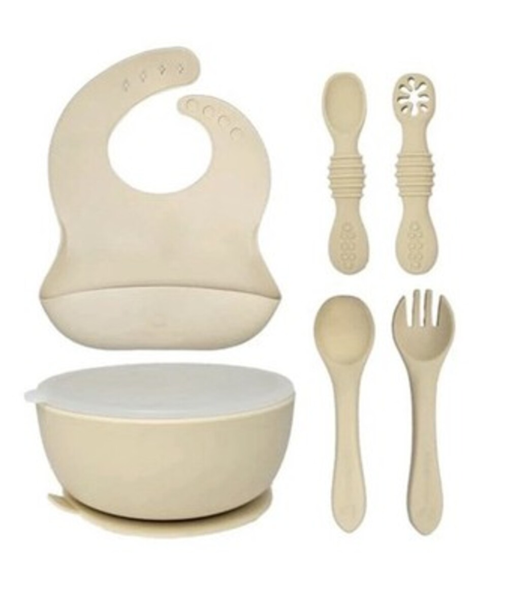 HippoBaby Cream Silicone Feeding set (Bowl/Bib Set - 6pc)
